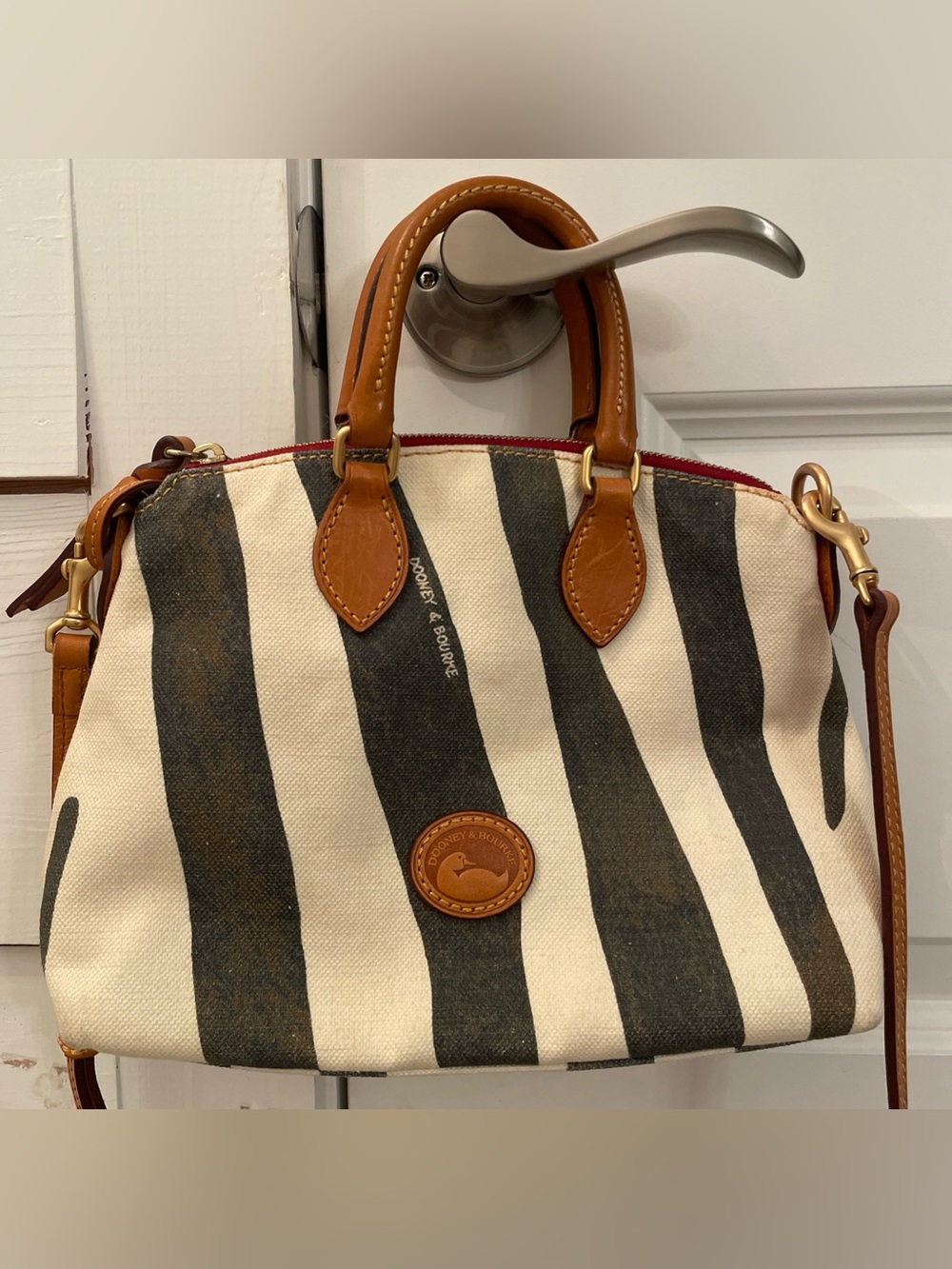 Dooney & Bourke Zebra Print Satchel Crossbody Bag Y2K Canvas Leather Trim VTG